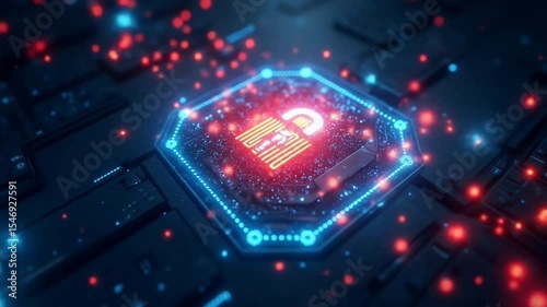Glowing Padlock on Circuit Board Securing Data Slow Motion Close Up