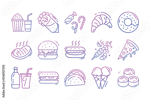 Delicious Delights: A delightful array of line art food icons, designed with a sleek, gradient-colored aesthetic, showcasing a diverse selection of delicious treats and snacks.