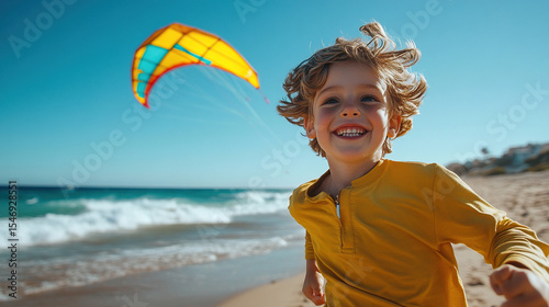 A young boy is running on the beach with a kite in the sky