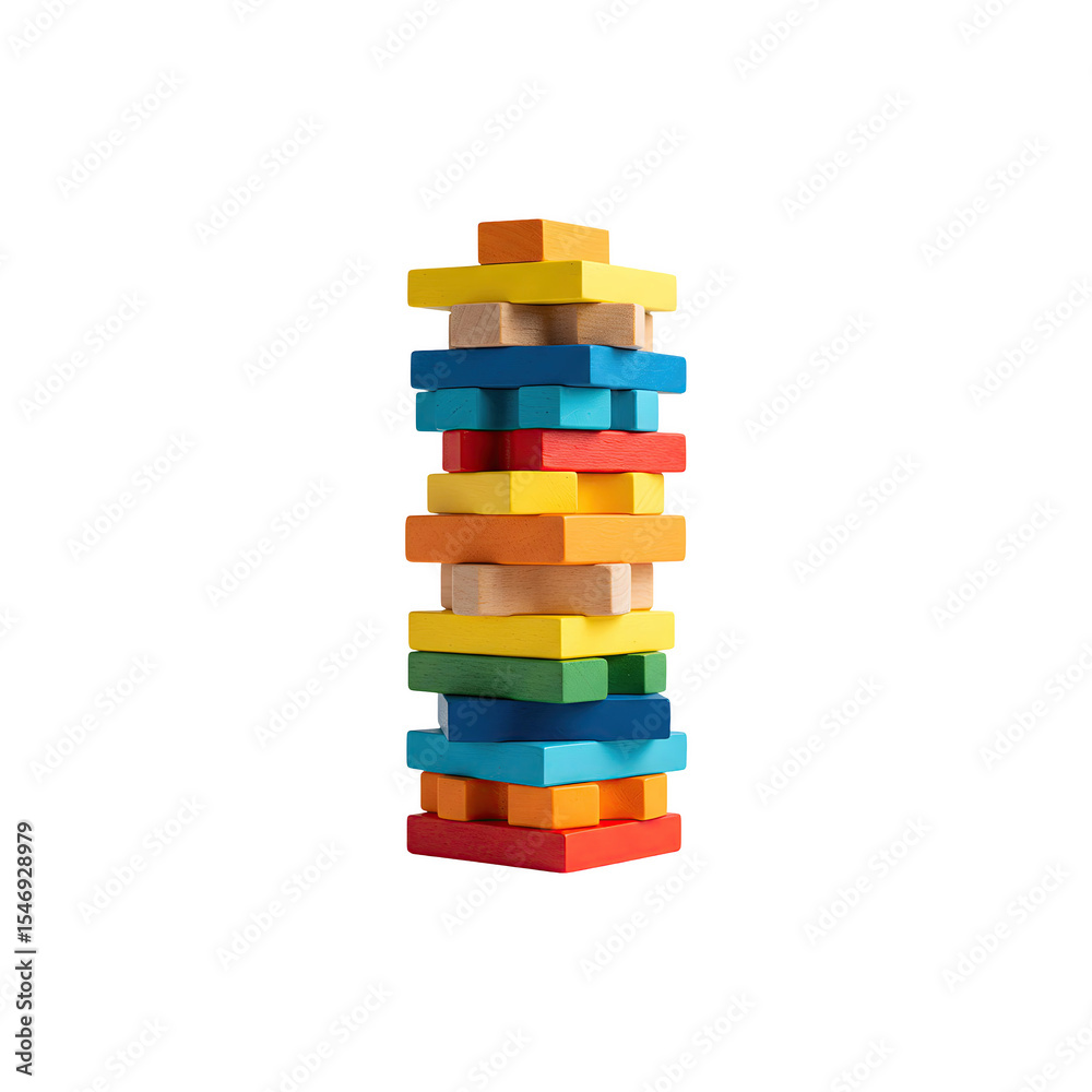 Obraz premium Colorful wooden stacking blocks tower game isolated on white background for leisure concepts