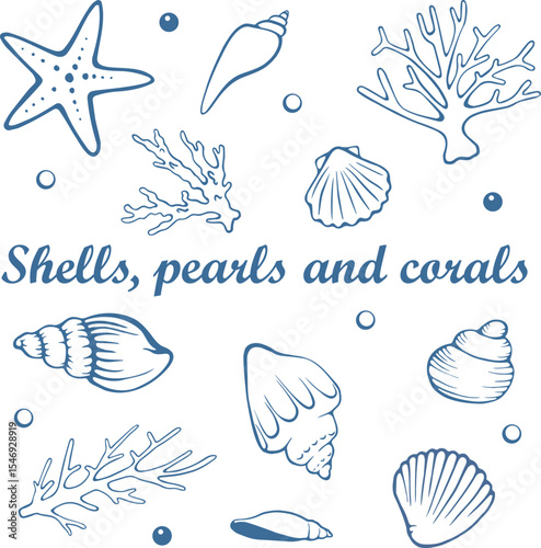 Shells, pearls and corals, vector illustration collection