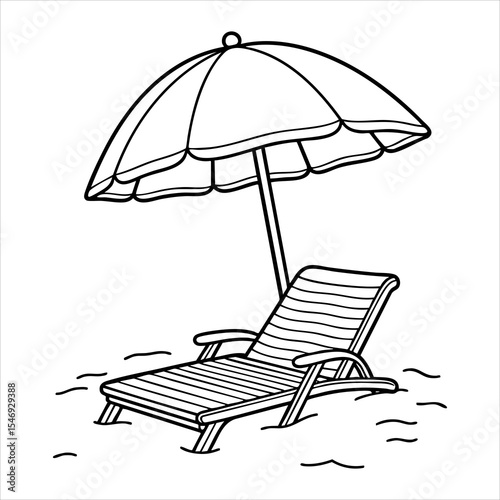 A beach chair and umbrella sit on a sandy surface depicted with clean bold outlines in black and white