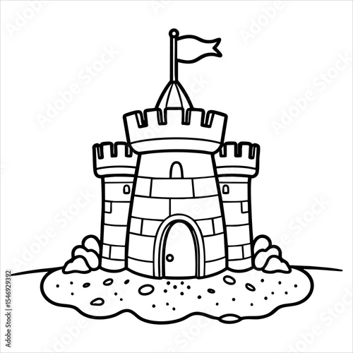 A black and white cartoon drawing of a detailed sandcastle
