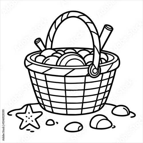 A basket filled with round objects a starfish and pebbles all in a black and white illustration