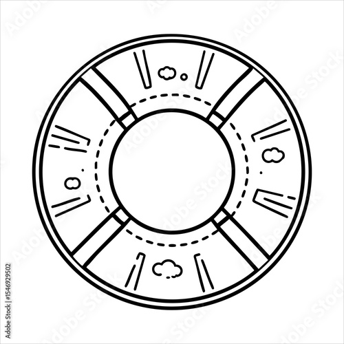 A lineart image of a life preserver with cloud and sun icons divided into sections