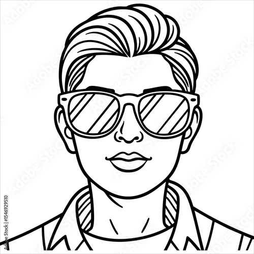 A person with sunglasses hair styled upwards shirt and collar shown drawn with black outline