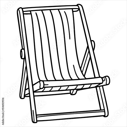 A linedrawing of a beach chair with a striped fabric seat and back