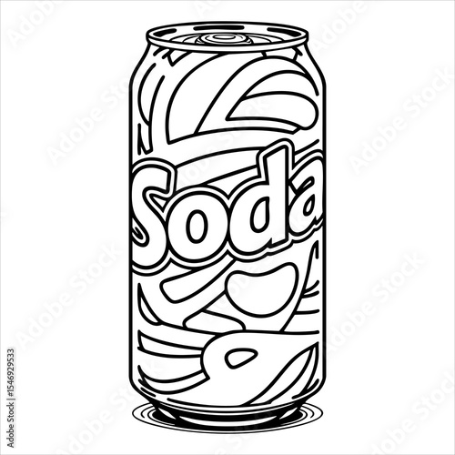 A soda can with the word Soda written on it featuring abstract shapes around the text