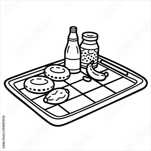 A tray holds two pastries a date a banana and two bottles each distinct in form and size