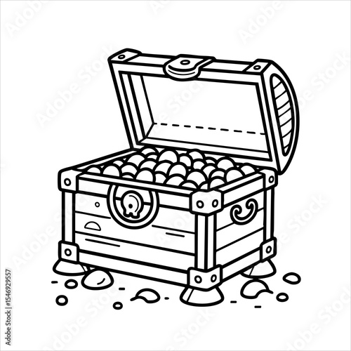 An open treasure chest filled with round objects likely coins is drawn in a simple cartoon style