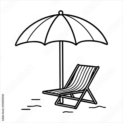 An open beach chair sits under a beach umbrella on the sand