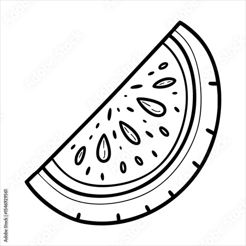 A watermelon slice with seeds and rind outlined in black on a white background