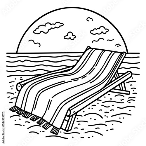 Beach scene A deck chair sits on sand with ocean waves and a setting sun with clouds in the background