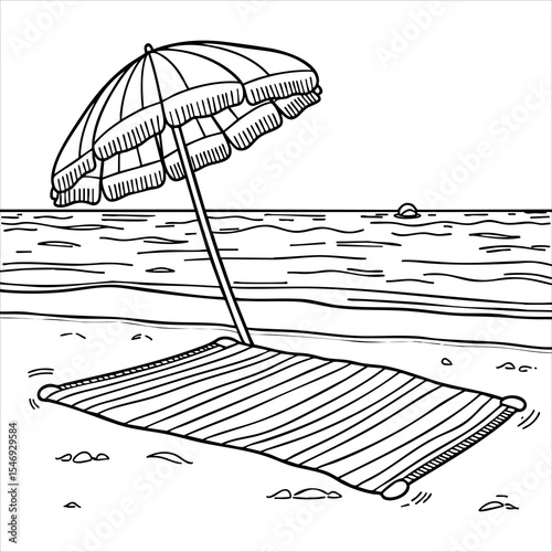 Beach scene umbrella striped towel on sand near wavy water with distant rock