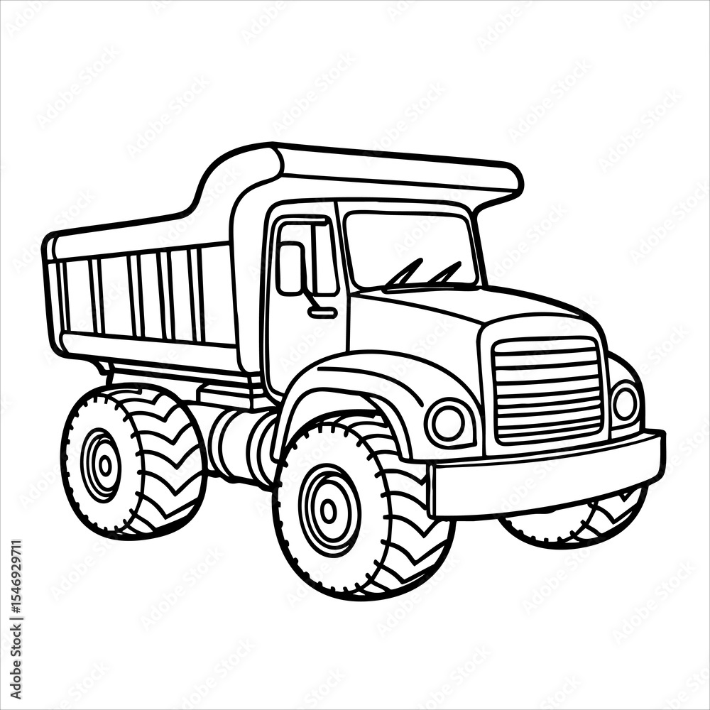 Fototapeta premium Line art of a dump truck with large tires front grill and empty bed against a white background