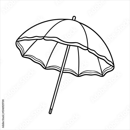 Line art depicts an open classic beach umbrella with a wavy trim The pole has a simple end cap