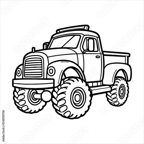 Line art of a monster truck with large knobby tires and classic pickup design headlights grill and a roof rack
