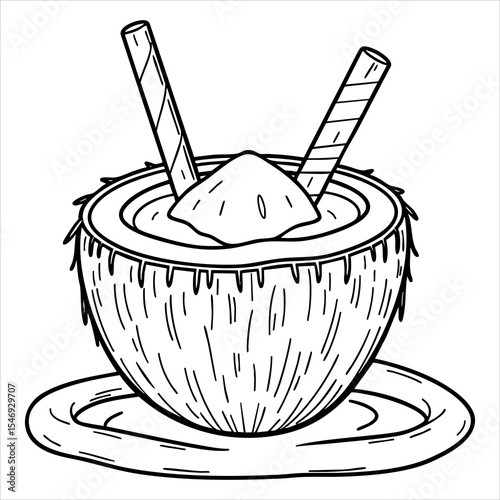 Line art drawing of a coconut drink with straws on a saucer