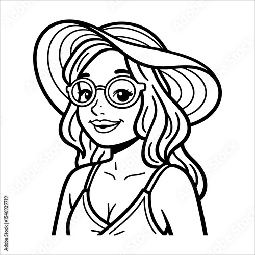 Line art of a smiling woman with glasses and a hat in a strappy top