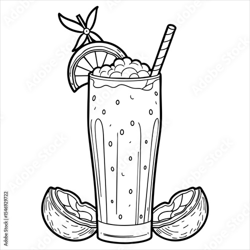 Line drawing of a citrus drink in a glass with a straw and citrus fruit slices