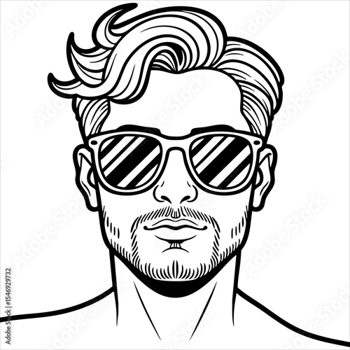 Man with stylish hair and sunglasses detailed line art