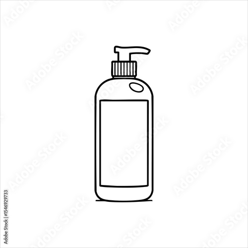 Line drawing of a lotion or soap bottle with pump featuring a label area on the body