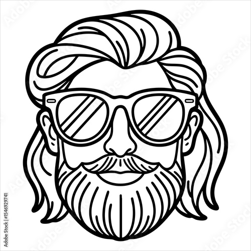 Mans outlined face with mullet mustache beard and sunglasses