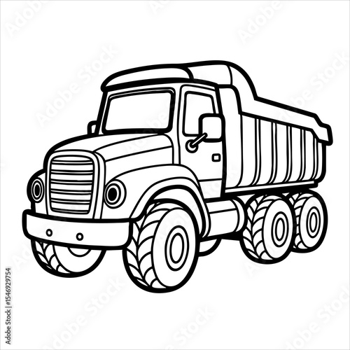 Outlined drawing of a dump truck with six tires flat top and front grille