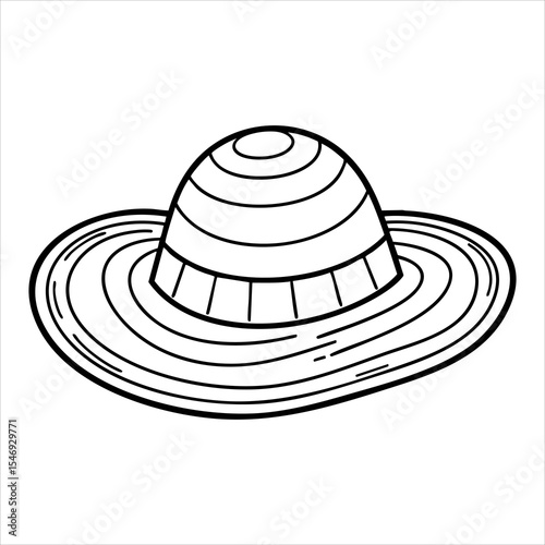 Outlined straw hat with a rounded crown and a wide brim illustrated in black lines against a white background