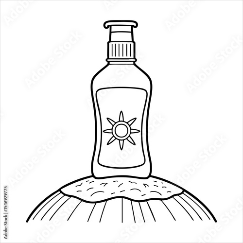 Sunscreen bottle with sun graphic on sand
