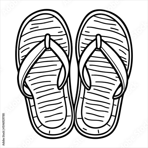 Two flipflops with striped insoles and strap details sit adjacent outlined in black