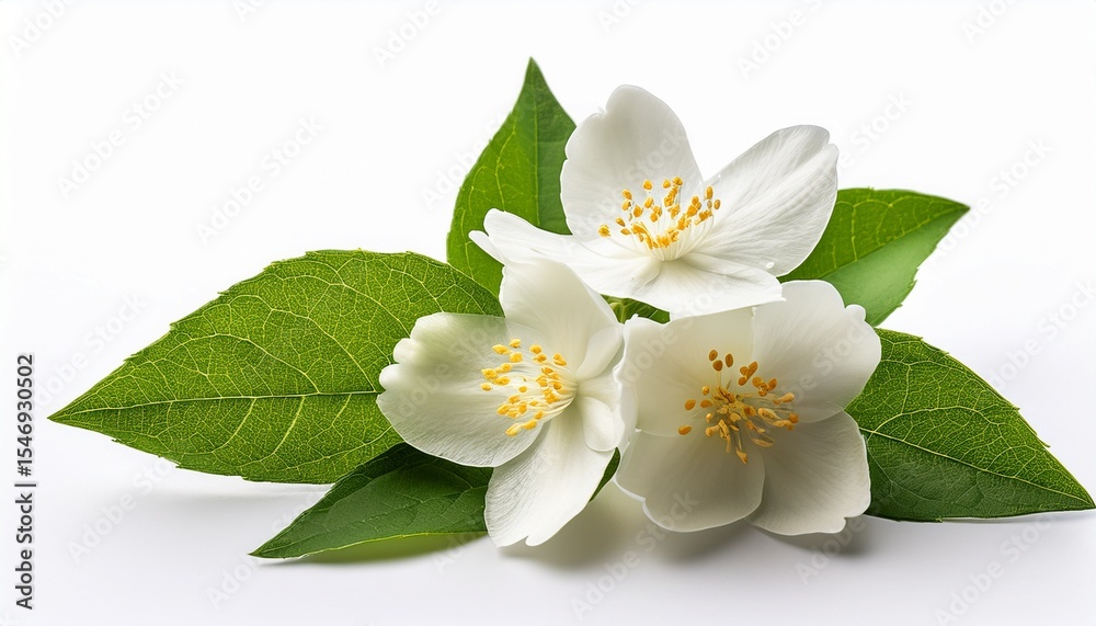 Obraz premium jasmine flowers with leaves on a white background