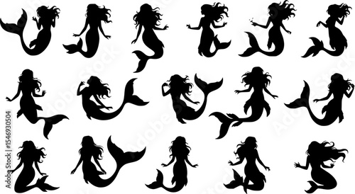 Mermaid Silhouette Vector Illustration set
