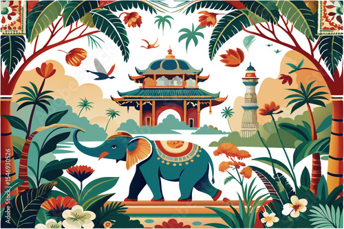 Vintage botanical palm tree, Indian elephant, floral tree, butterfly, bird, plant floral seamless border. Exotic chinoiserie mural.