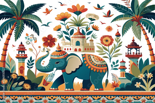 Vintage botanical palm tree, Indian elephant, floral tree, butterfly, bird, plant floral seamless border. Exotic chinoiserie mural.