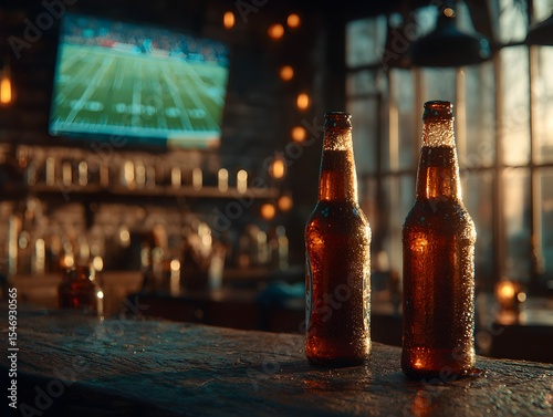 Two cold beer bottles sit on a bar top while football plays on television in background at a local pub.