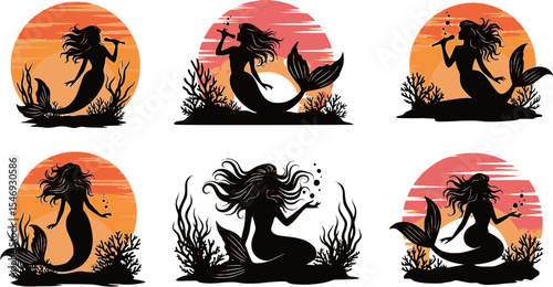 Mermaid Silhouette Vector Illustration set
