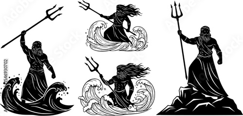 Greek Mythic Sea God Poseidon Silhouette Vector Illustration Set
