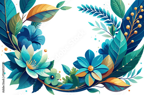 Curved flower garland featuring teal leaf sprays and ocean blue blooms, white backdrop. on white  background