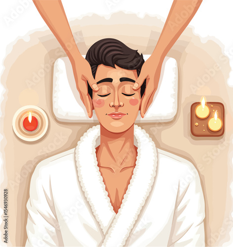 Man receiving facial massage at spa for relaxation and wellness treatment with candles and bathrobe