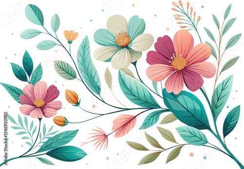 Curved flower garland featuring teal leaf sprays and ocean blue blooms, white backdrop. on white  background