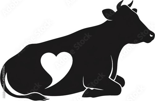 Sitting Cow Silhouette Vector with Heart for Design Projects

