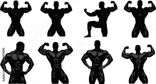 Muscular bodybuilder silhouette vector in illustration set
