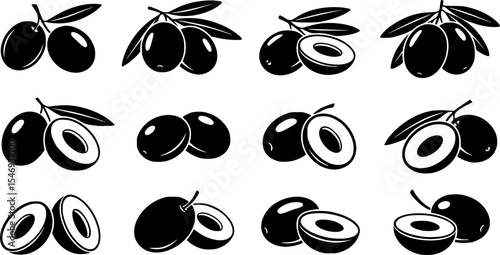 Olive fruit silhouette vector illustration set
