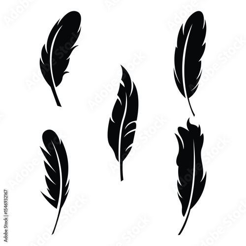 Feather Silhouette Vector Set, 5 Elegant Black Feather Icons for Design.