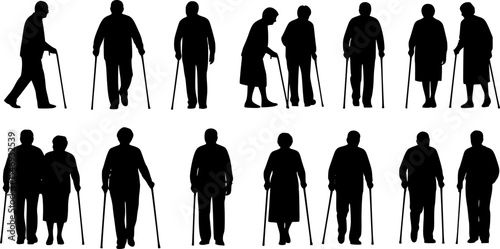 15 File Black Color Elderly Couple Walking with Cane Silhouette Vector Set
