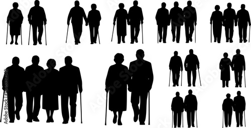 15 File Black Color Elderly Couple Walking with Cane Silhouette Vector Set
