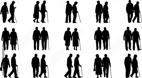 15 File Black Color Elderly Couple Walking with Cane Silhouette Vector Set
