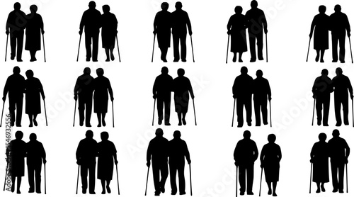 15 File Black Color Elderly Couple Walking with Cane Silhouette Vector Set
