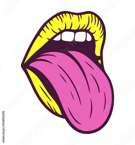 Stylized yellow lips with a pink tongue sticking out, bold cartoon pop art illustration on black background.
